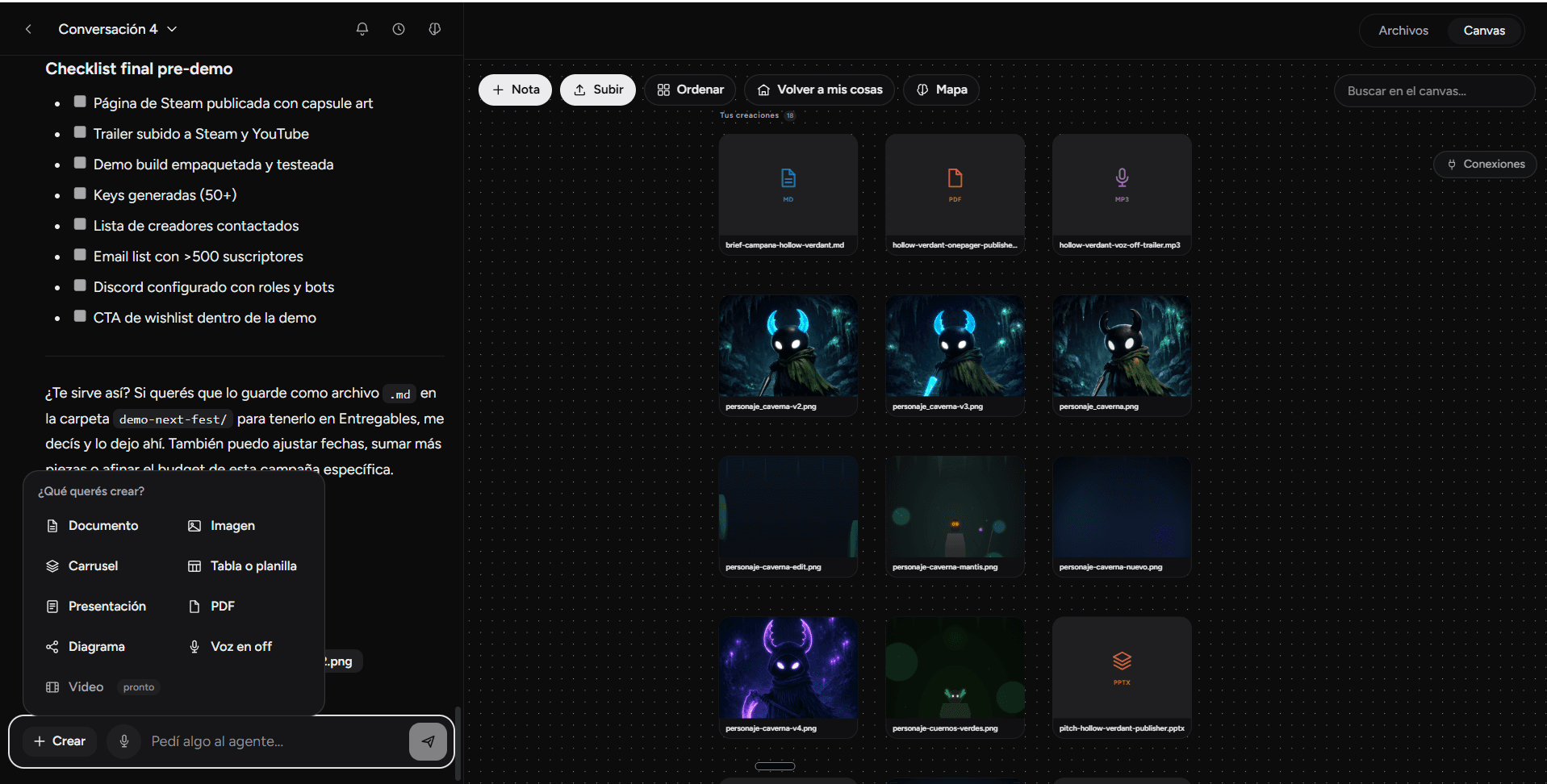 El estudio de Colurus: canvas visual con archivos del proyecto y el agente de IA trabajando