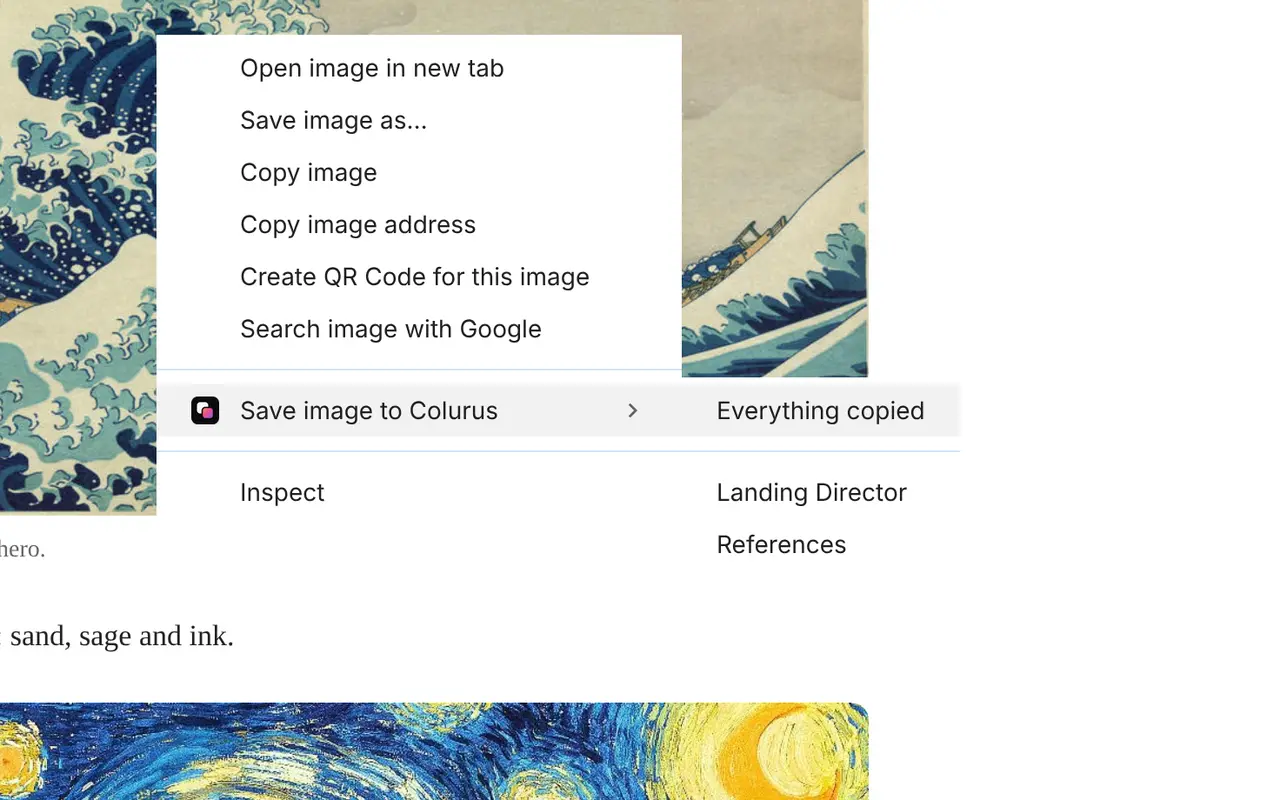 Chrome's right-click menu with Save to Colurus and your boards